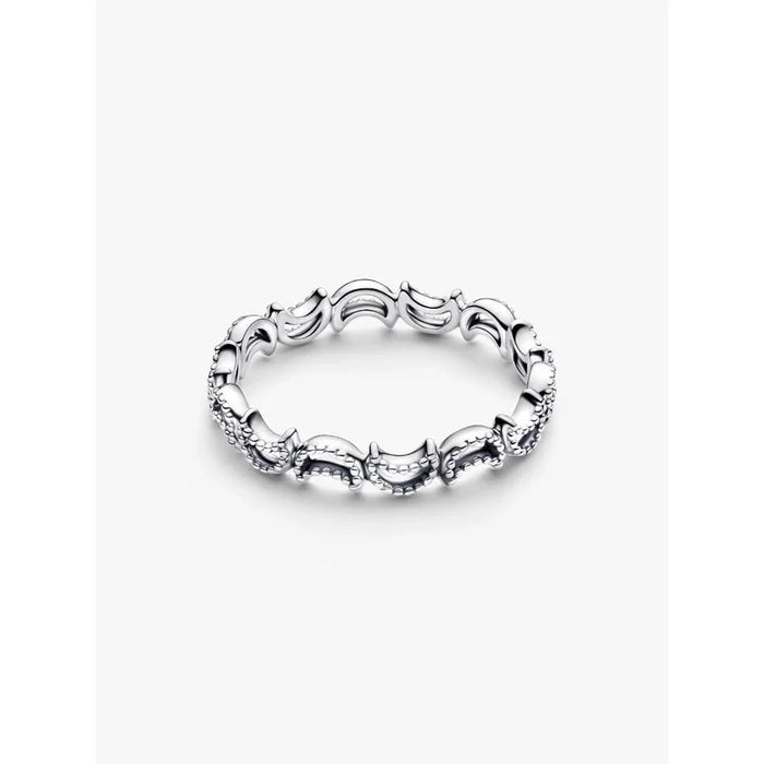 Pandora crescent moon ring in sterling silver front view with repeating moon design