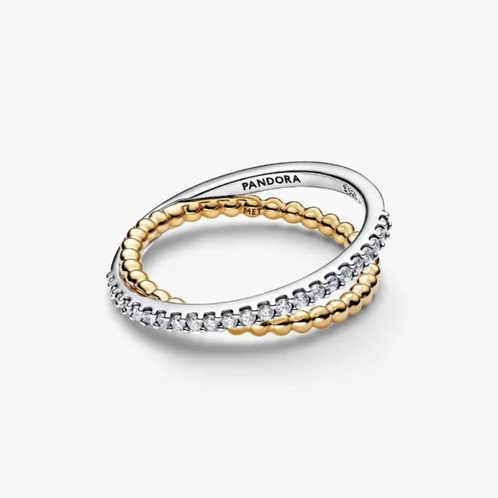 PANDORA Crossover Beads & Pavé Double Band Ring in sterling silver with 14k gold plating and sparkling pavé stones