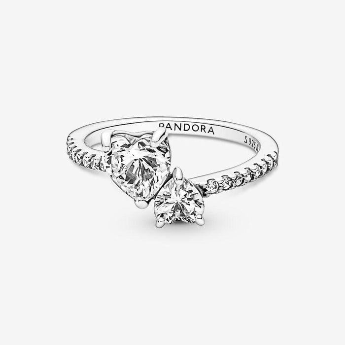 "PANDORA : Double Heart Sparkling Ring in Sterling Silver -"