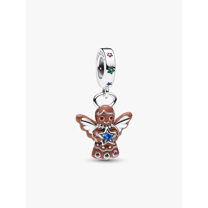 Pandora Gingerbread Angel Dangle Charm in sterling silver with enamel and blue star detail, front view.