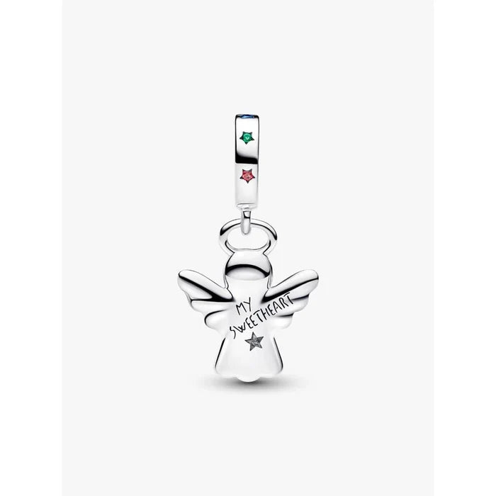 Back view of Pandora Gingerbread Angel Dangle Charm showing “MY SWEETHEART” engraving and colorful star stones on the bail.