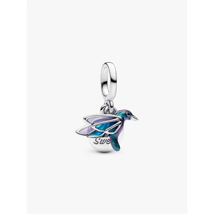 Pandora Hummingbird Double Dangle Charm with iridescent enamel wings and engraved disc.
