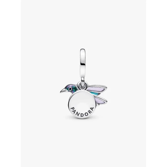 Front view of Pandora Hummingbird Double Dangle Charm showing colorful wings and Pandora-engraved disc.