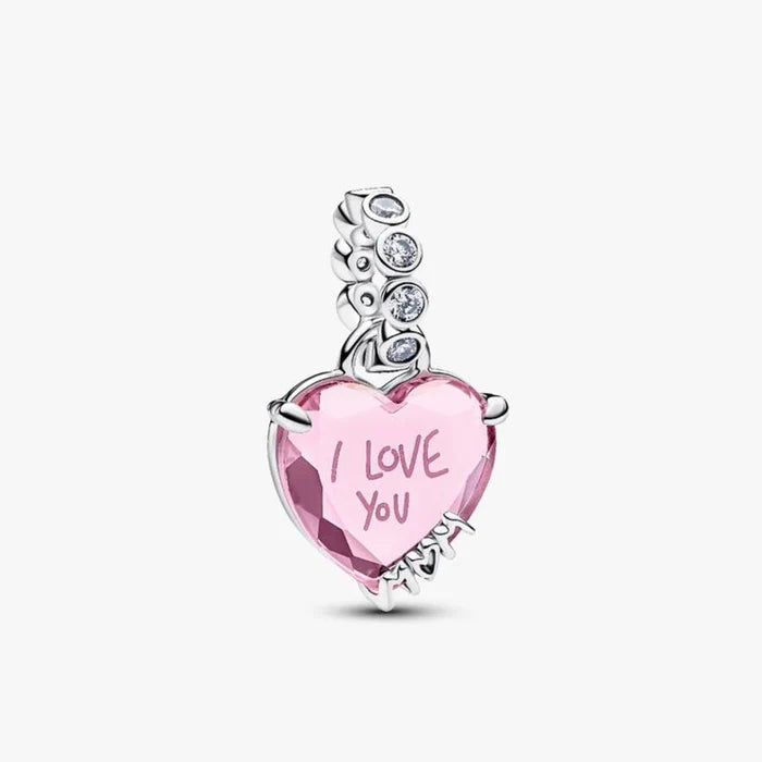 Pink heart charm featuring the phrase "I love you" elegantly inscribed on its surface.