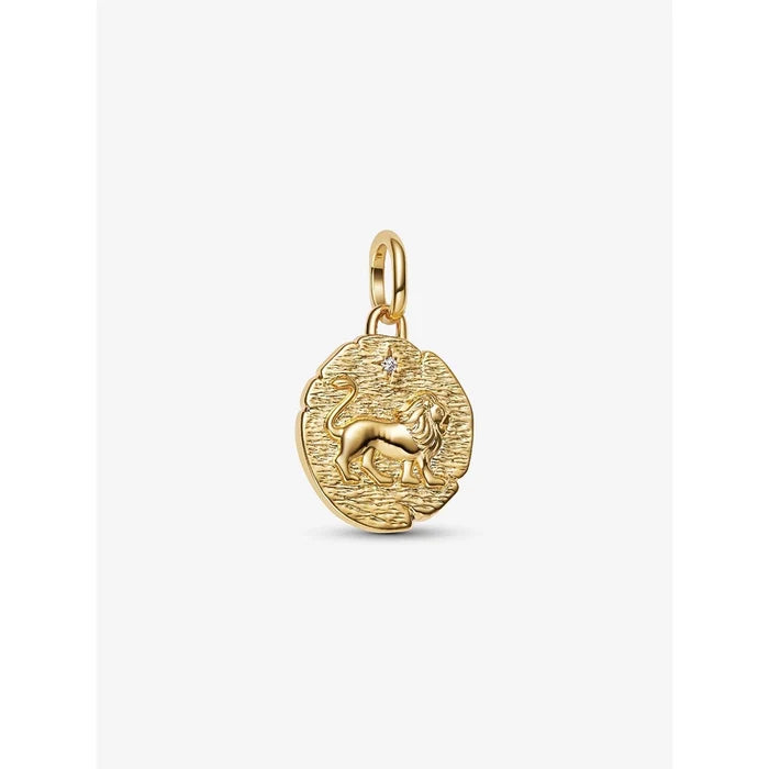 Pandora gold zodiac coin charm pendant with engraved lion and sparkling detail.