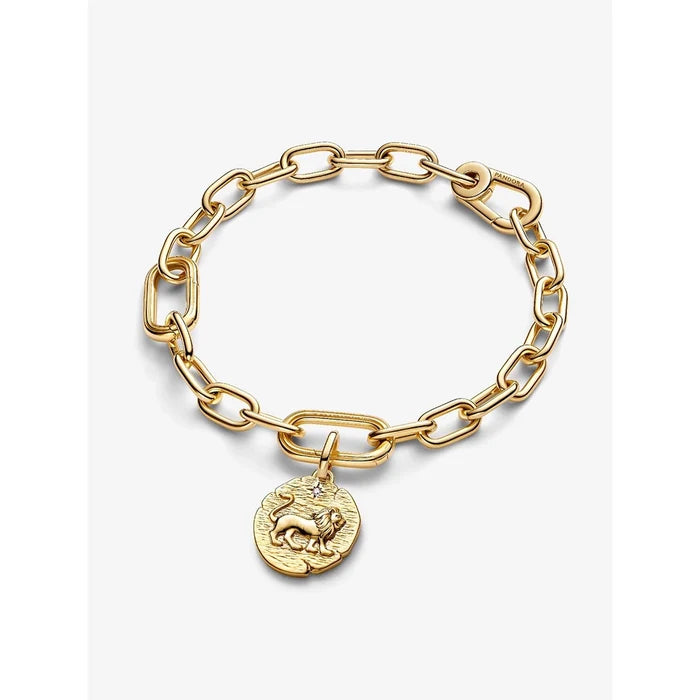 Pandora gold chain bracelet with textured zodiac lion coin charm pendant.
