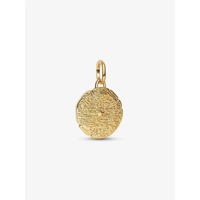 Pandora gold zodiac coin charm pendant back engraving with textured finish.