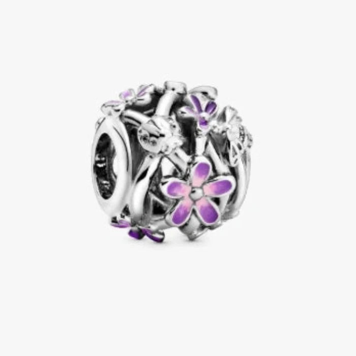 The Pandora Openwork Purple Daisy Charm features a delicate daisy design in rich purple tones.