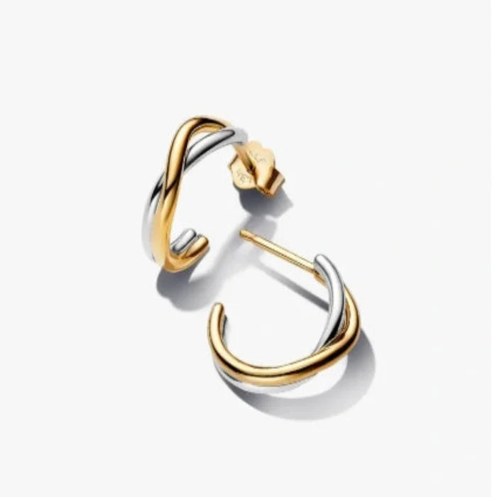 These Pandora Organically Shaped Two-tone Open Hoop Earrings blend artistry with everyday elegance.