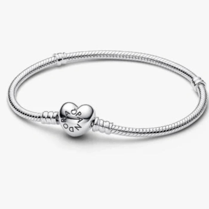 Pandora Moments Heart &amp; Snake Chain Bracelet featuring a polished snake chain with a heart-shaped clasp, designed for Pandora Moments charms and personalized jewelry.
