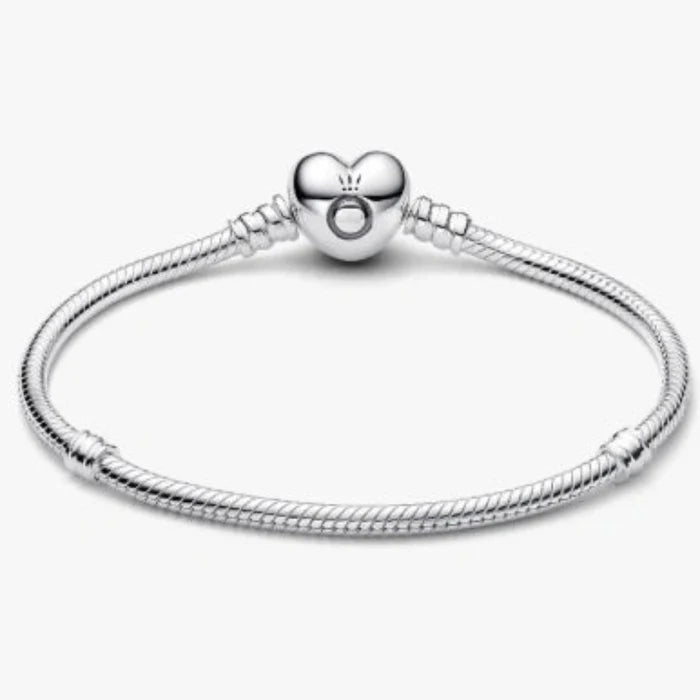 Pandora Moments Heart &amp; Snake Chain Bracelet featuring a polished snake chain with a heart-shaped clasp, designed for Pandora Moments charms and personalized jewelry.