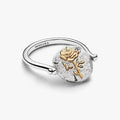 PANDORA Rose Reversible Medallion Ring crafted in sterling silver with 14k rose gold plating, featuring a rose design and engraved “ROSA INTER SPINAS CRESCIT” Latin inscription.