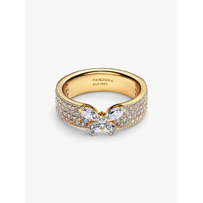 Side view of Pandora Sparkling Butterfly Bold Ring showing pavé band and raised butterfly centerpiece