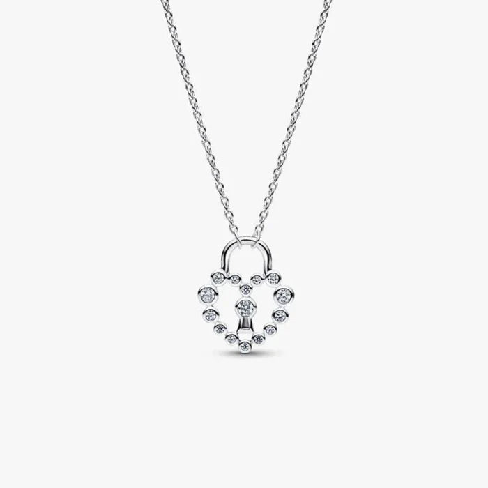Pandora Sparkling Heart Padlock Pendant Necklace with heart-shaped cubic zirconia and central padlock displayed on a white background.
