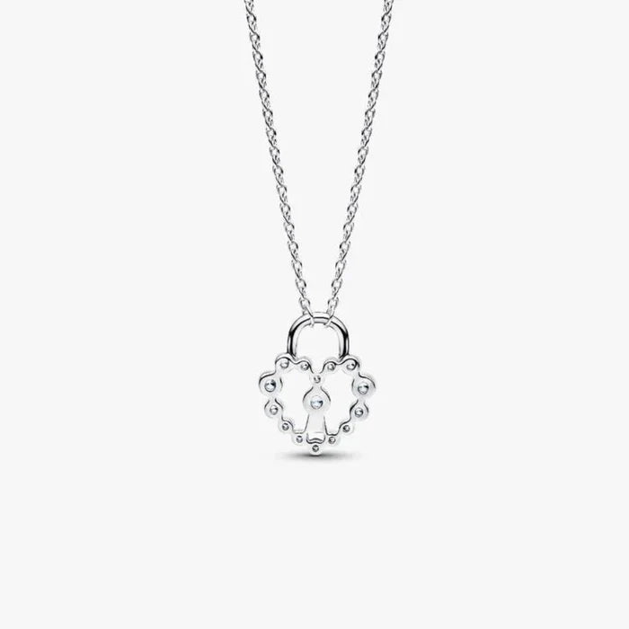Back of Pandora Sparkling Heart Padlock Pendant Necklace in sterling silver on a white background.