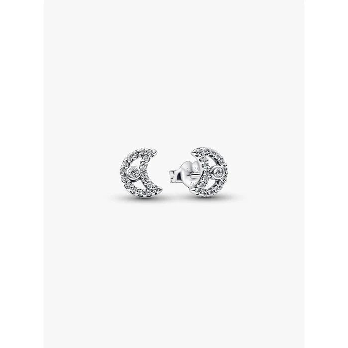 Pandora Sparkling Moon stud earrings in sterling silver with clear cubic zirconia on white background