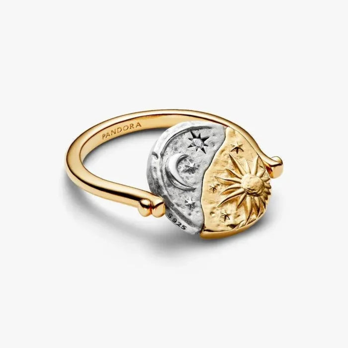 PANDORA Sun & Moon Reversible Medallion Ring with sparkling sun and moon design, reversible engraved medallion, and polished sterling silver finish.