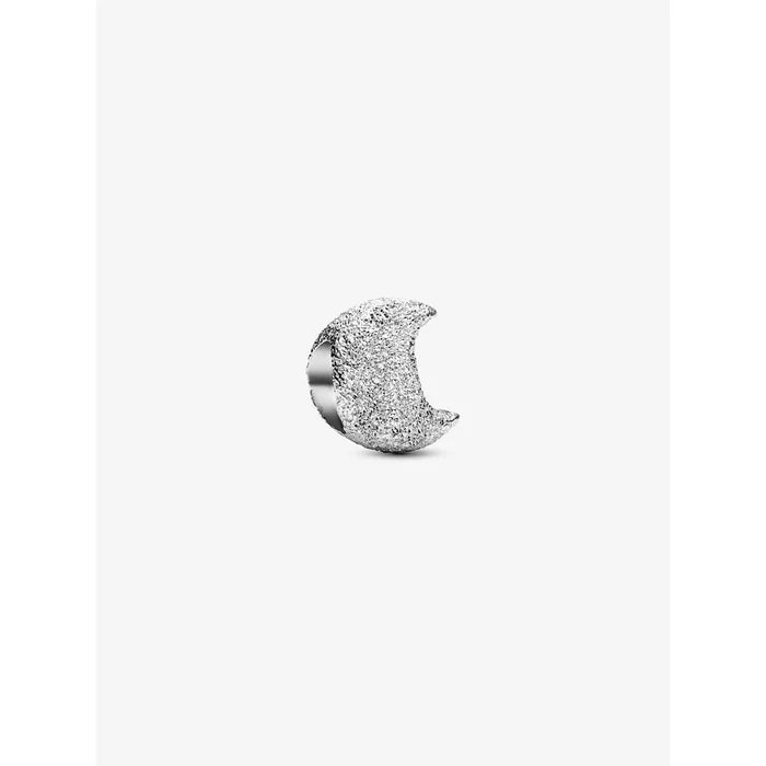 Close-up of the Pandora Textured Moon Mini Charm in sterling silver, designed as a sparkling crescent moon with a textured finish.