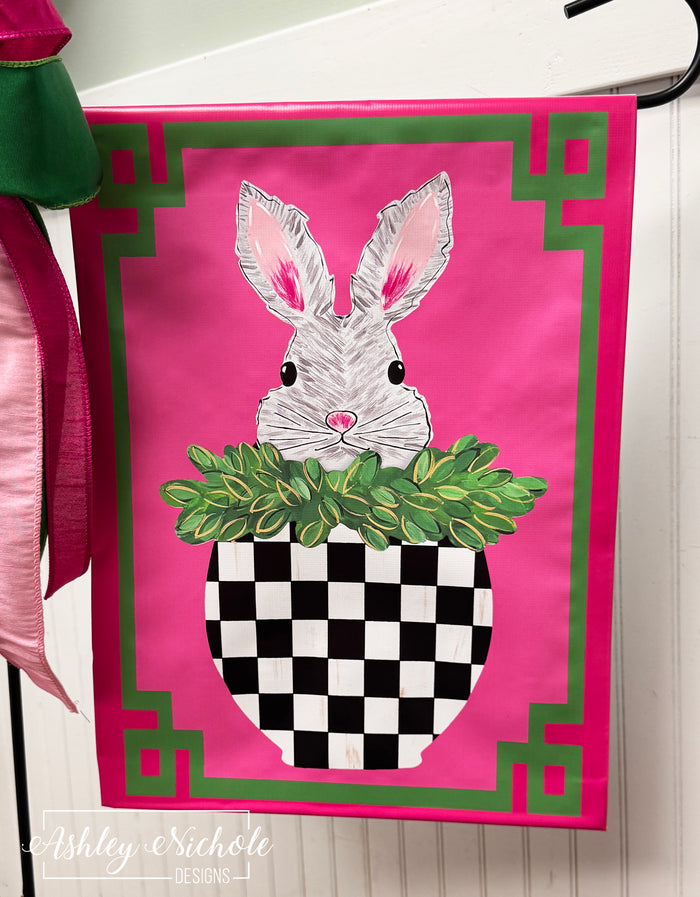 Peeking Bunny in a Checkered Jar - Vinyl Garden Flag