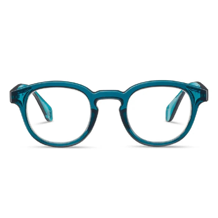 A pair of blue glasses featuring clear lenses, resting on a neutral background.