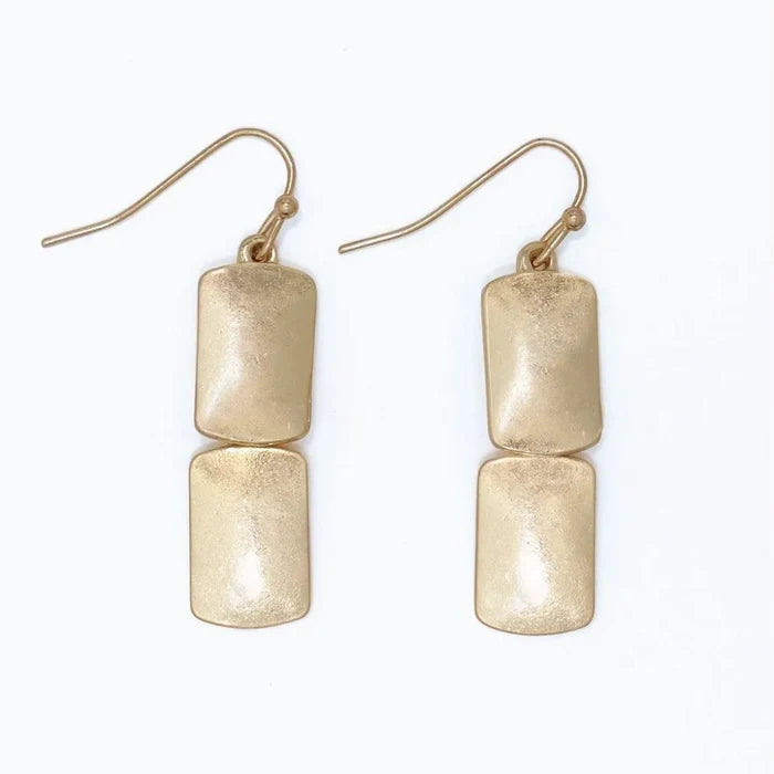 Burnished gold rectangle dangle earrings with a sleek textured metallic finish