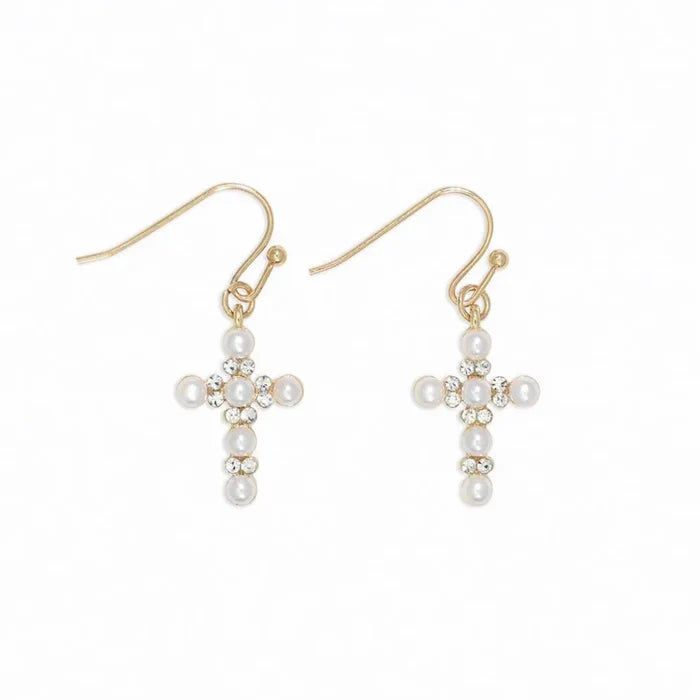 Periwinkle cross earrings featuring pearl and crystal accents in a graceful design.