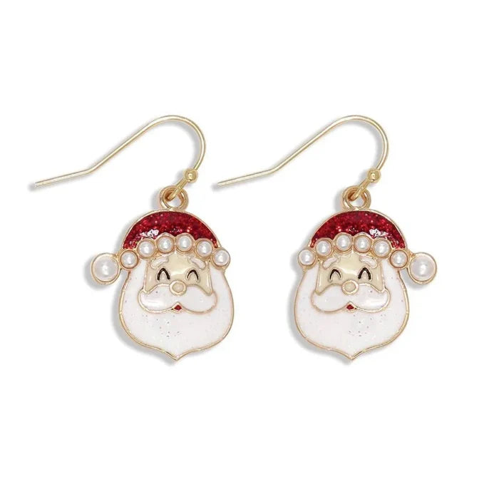 Periwinkle glittering Santa head earrings featuring festive sparkle and pearl accents, perfect for Christmas parties, holiday outfits, and gifting.