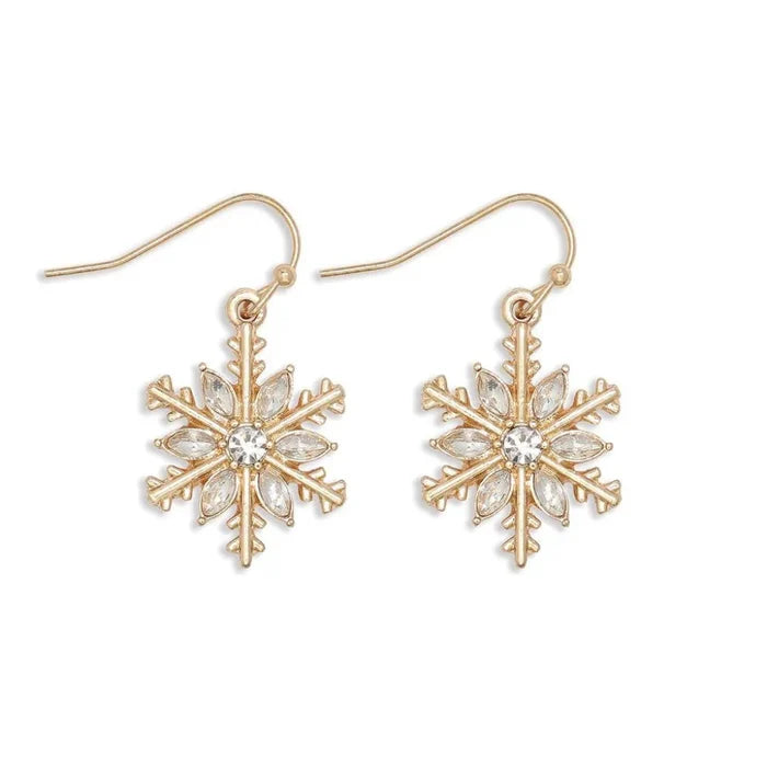 These Periwinkle Gold Snowflakes with Crystal Inset Earrings features a warm gold-tone snowflake with sparkling crystal insets.