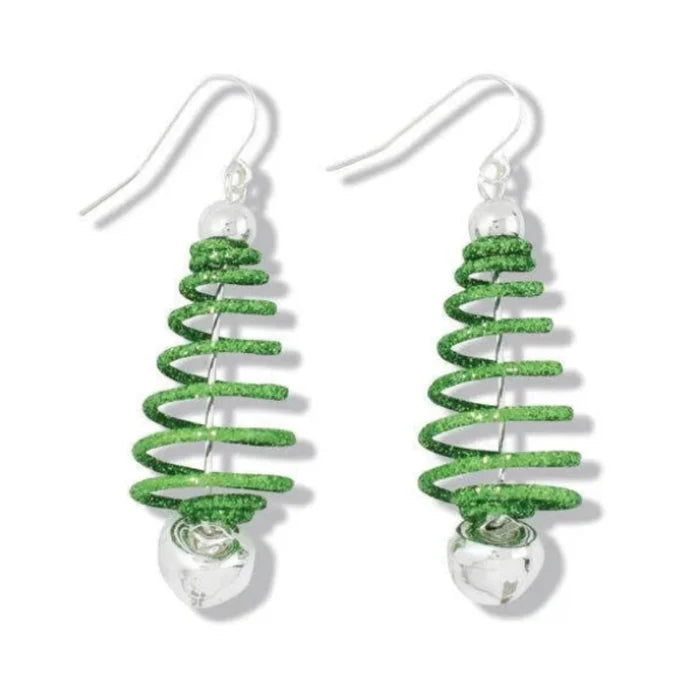 Green spring tree earrings with a colorful seasonal design