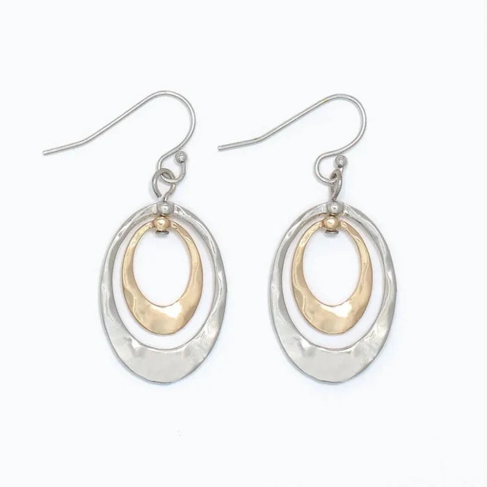 Periwinkle hammered two-tone drop earrings featuring a textured finish and elegant mixed-metal dangling design.