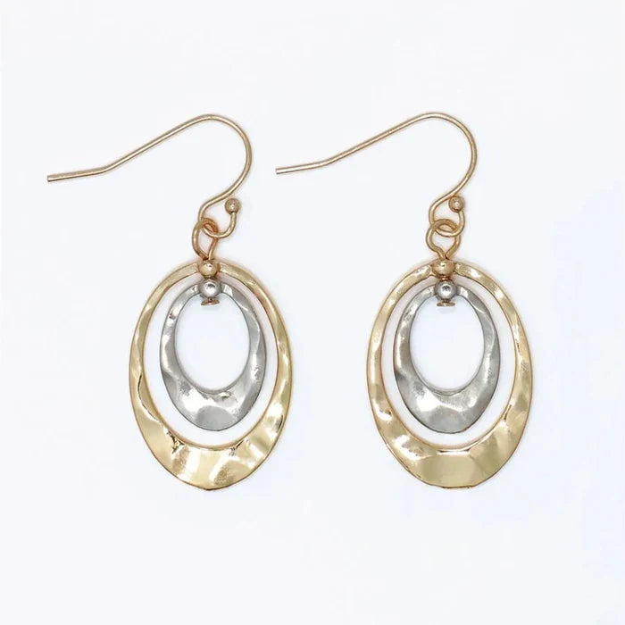 Hammered two-tone oval earrings with textured mixed-metal finish