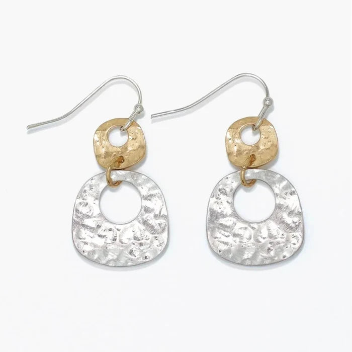 Hammered two tone shape earrings featuring geometric designs and textured mixed-metal finishes