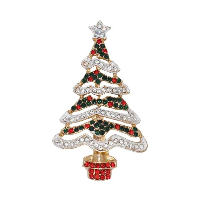 Holiday tree pin featuring a festive Christmas tree design with sparkling crystals that create a snowy effect.