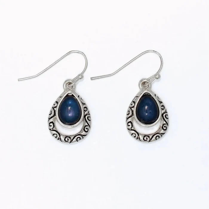 Periwinkle silver filigree drop earrings with navy inlay accents and an intricate openwork design