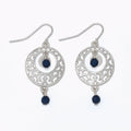 Silver open scroll earrings with navy bead accents for women