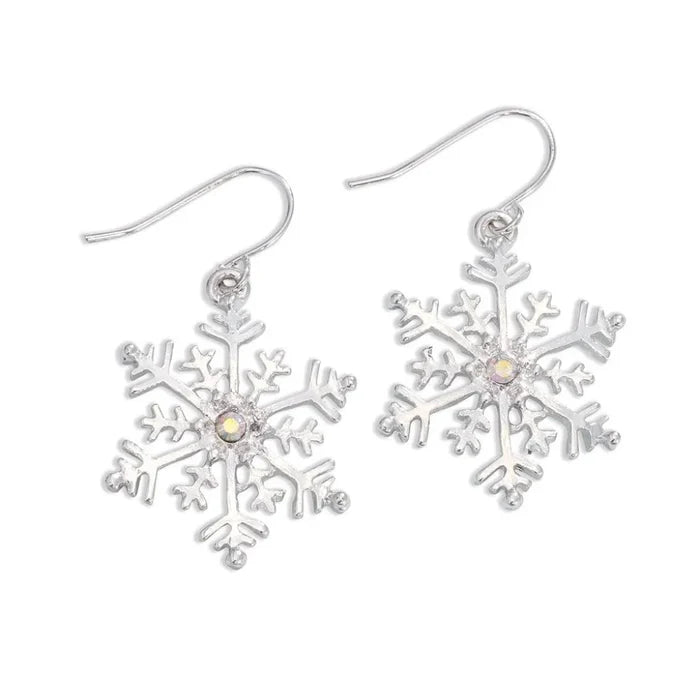 Periwinkle silver snowflake earrings featuring sparkling crystal accents, perfect for elegant winter and holiday looks.