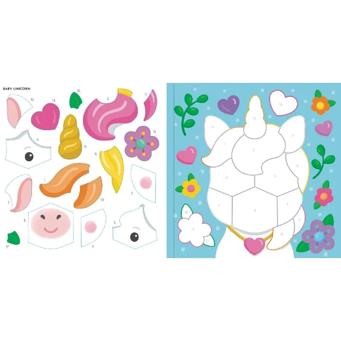 A cheerful baby unicorn with sparkling accents, part of a color-by-sticker set for early childhood creativity.