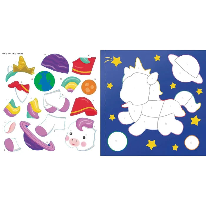 A whimsical baby unicorn surrounded by sparkles, designed for a children's color-by-sticker art activity.