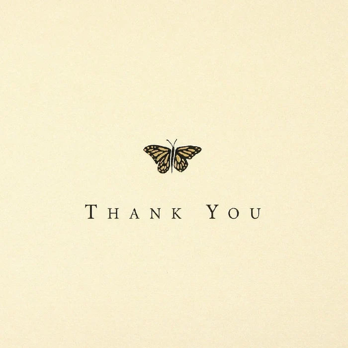 A collection of butterfly-themed thank you cards featuring colorful designs and elegant typography.