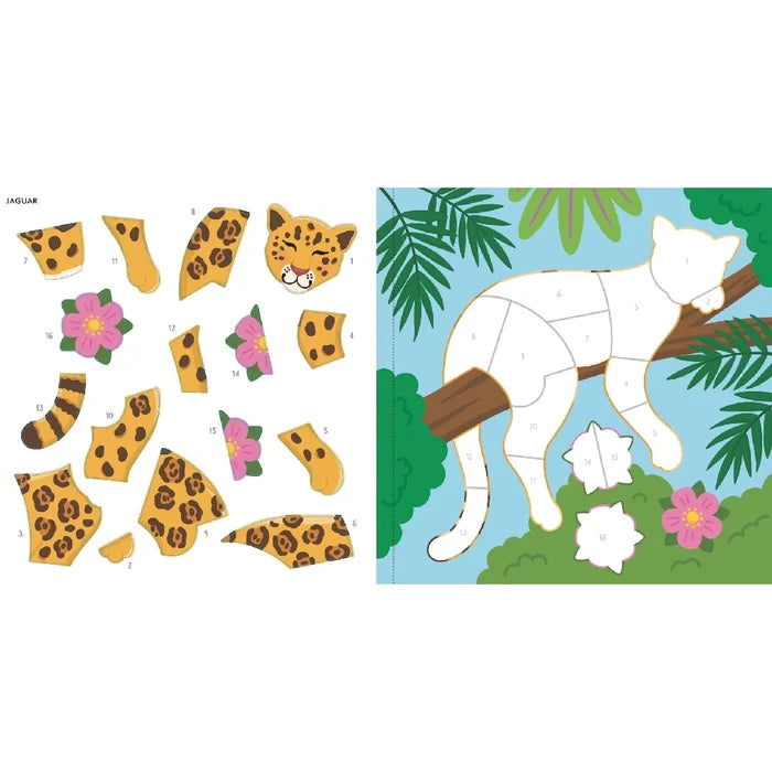 Illustrated color-by-sticker scene of rainforest animals, designed for fun and creativity with colorful stickers.