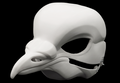 Photo showing a white, plastic 3D printed pigeon fursuit head base complete with metal hardware at a 3/4 angle against a black background.