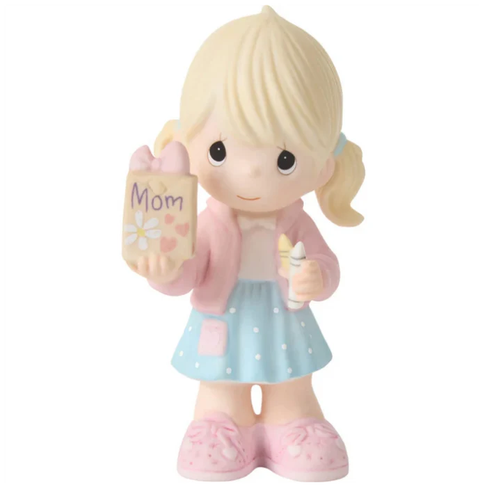 Featuring a charming young girl with pigtails, dressed in a pink jacket and polka-dot skirt, with handmade gift bag labeled Mom.