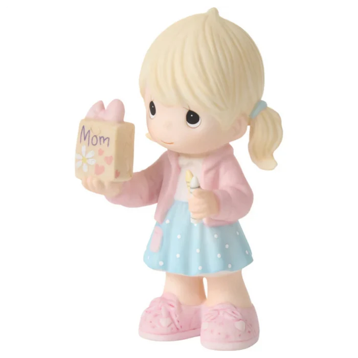 Featuring a charming young girl with pigtails, dressed in a pink jacket and polka-dot skirt, with handmade gift bag labeled Mom.