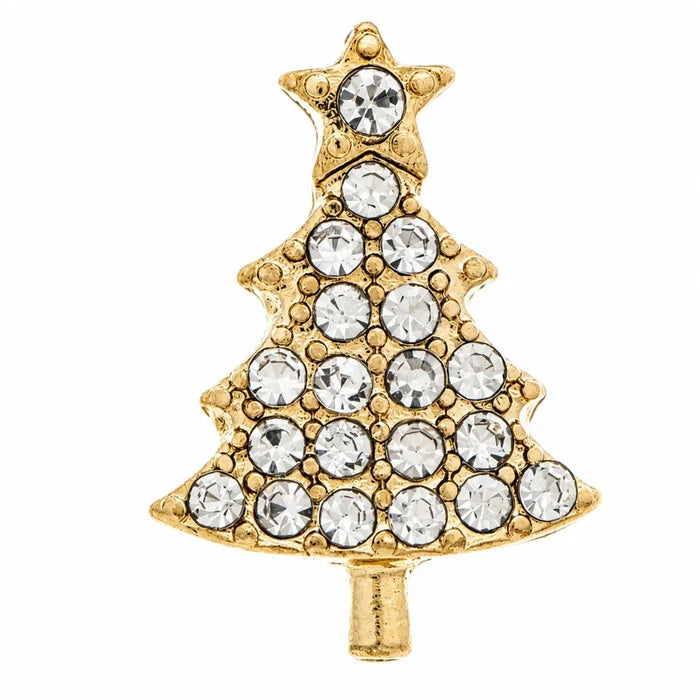 Gold-tone Christmas tree post earring featuring clear crystal accents and a star-shaped top, on a white background.