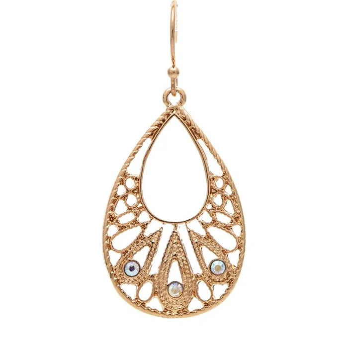 Rain Jewelry Gold Open Center Filigree Crystal Teardrop Earring and elevate your everyday style instantly.