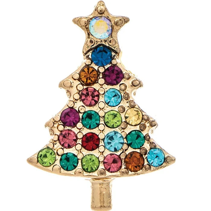 Rain Jewelry gold Christmas tree post earrings featuring multicolor crystals in a tiny festive tree design.