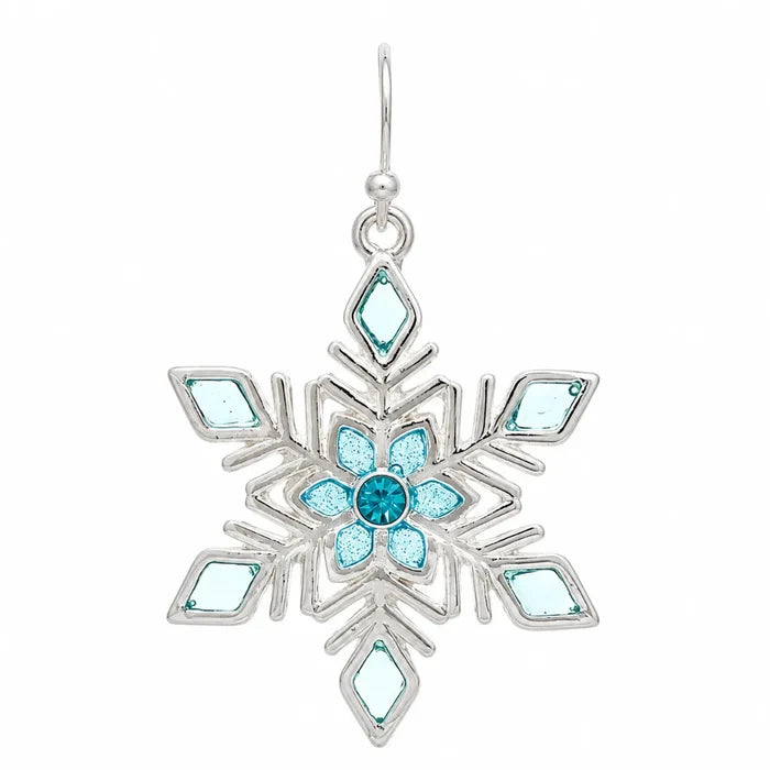 Rain Jewelry Silver Blue Inlay Snowflake Earrings featuring a delicate snowflake design with blue inlay accents.