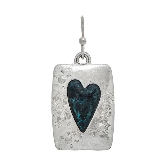 Rain Jewelry Silver Engraved Swirl Rectangle Patina Heart Earrings featuring Celtic swirl engraving, two-tone silver and patina finish, heart motif, and lightweight artisan craftsmanship.