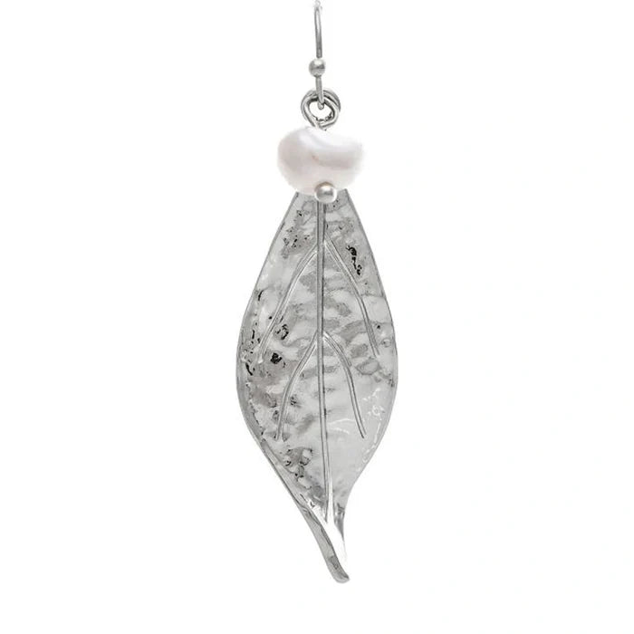 Rain Jewelry Silver Lifelike Leaf Faux Pearl Earring a delicate, nature-inspired design with cool, modern elegance. Each earring features a beautifully detailed silver leaf paired with a lustrous faux pearl accent.