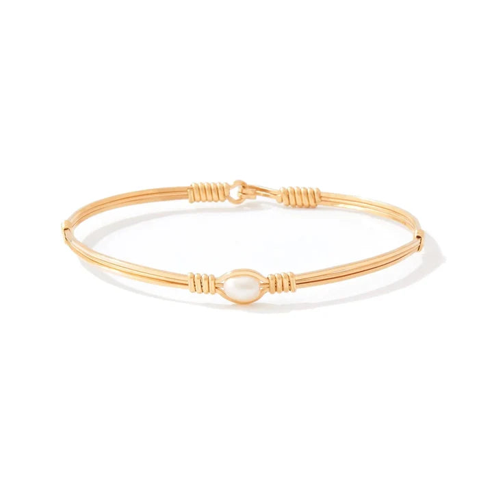 Pearl of My Heart 5.5-inch bracelet with sterling silver, 14K gold artist wire wraps, and a genuine white freshwater pearl.